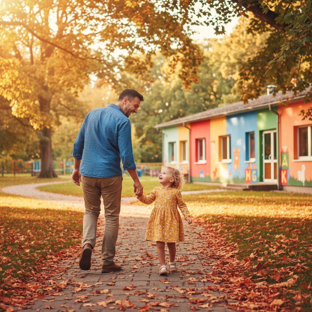 Vater und Kind gluecklich nach erfolgreichem Kitastart