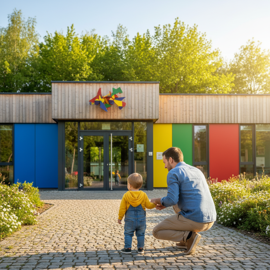Vater und Kind vor der Kita-Tur - Kitastart Vorbereitung fur Papas