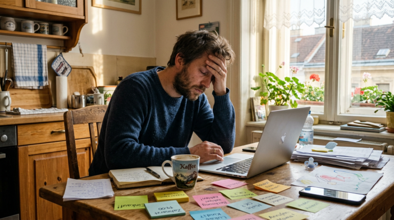 Erschöpfter Vater am Küchentisch umgeben von haftnotizen und notizzetteln, portrait erschöpfter mann mit kaffee und laptop im hintergrund