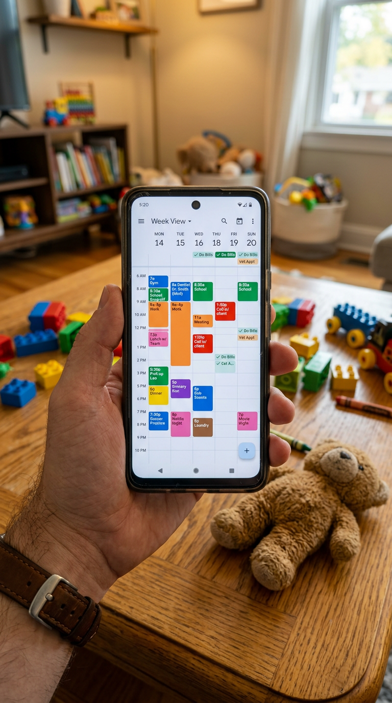 Smartphone mit vollem kalender umgeben von kinderspielzeug auf holztisch, bunte bausteine und teddybär