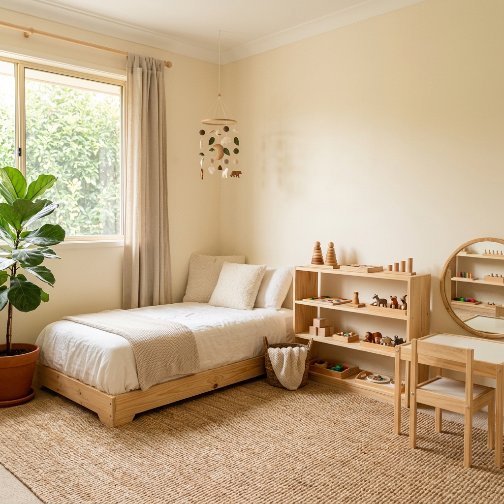 Montessori Kinderzimmer mit Holzspielzeug, Bodenbett und offenen Regalen