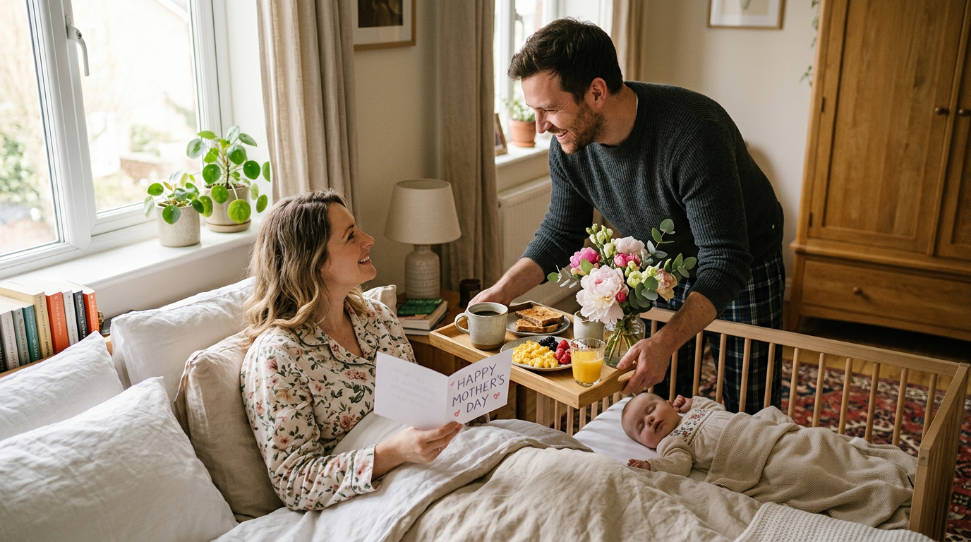 Papa bringt Frühstück ans Bett am Muttertag
