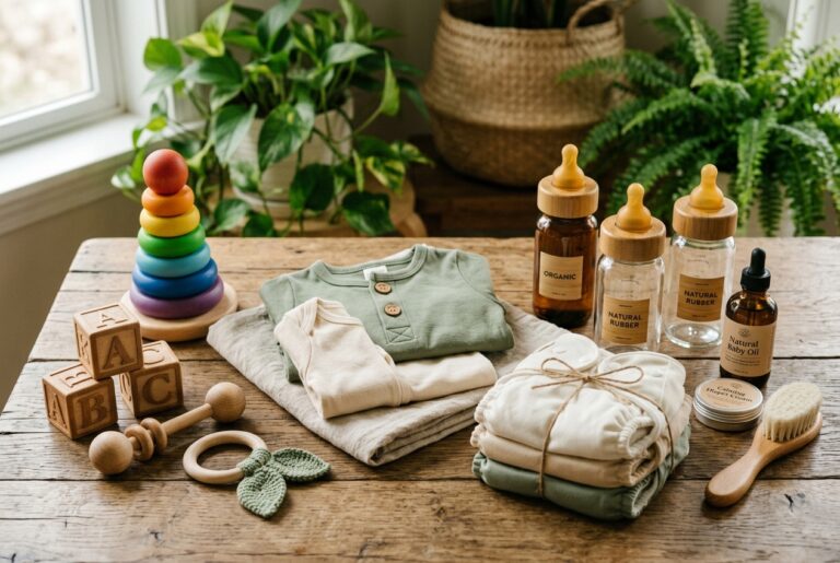 Nachhaltige Baby Produkte 2026: Bio-Baumwollkleidung, Holzspielzeug, Glasflaschen und Stoffwindeln auf Holztisch