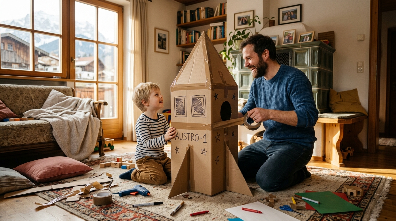 Vater baut mit Kind eine Pappkarton-Rakete