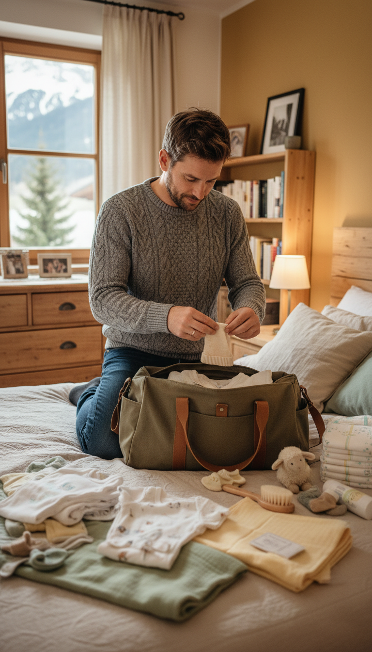 Werdender Vater packt Kliniktasche für die Geburt