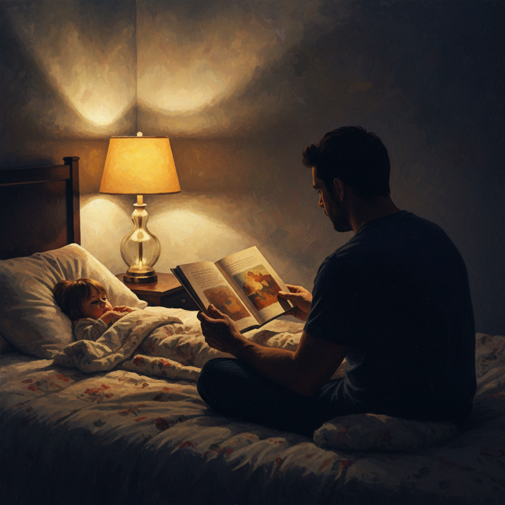 Vater liest Kind im Bett eine Gute-Nacht-Geschichte vor, warmes Licht