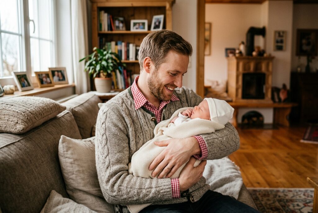 Papamonat Österreich: Vater mit Baby – Väterkarenz Hero-Bild