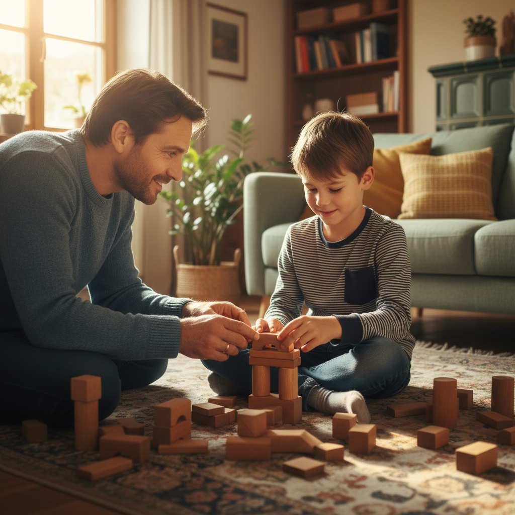 Stiefvater und Kind beim gemeinsamen Spielen im Wohnzimmer – Vertrauen und Bindung aufbauen in der Patchworkfamilie