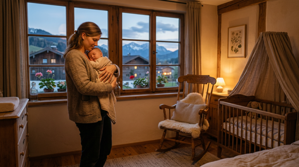 Baby in den Armen der Eltern - ruhige Schlafenszeit Routine