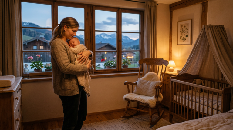 Baby in den Armen der Eltern - ruhige Schlafenszeit Routine