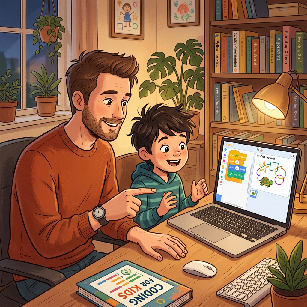 Vater und Kind programmieren gemeinsam am Computer