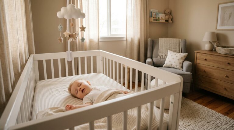Friedlich schlafendes Baby im Babybettchen - warme ruhige Atmosphäre