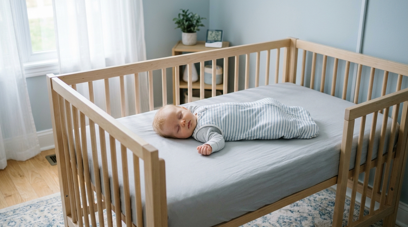 Baby schläft sicher auf dem Rücken in freiem Babybett - SIDS-Prävention