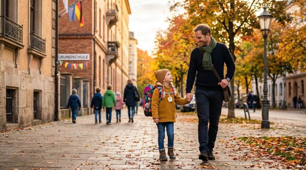 Vater und Kind auf dem Schulweg mit Ranzen im Herbst