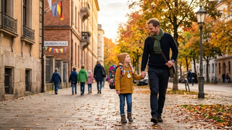 Vater und Kind auf dem Schulweg mit Ranzen im Herbst