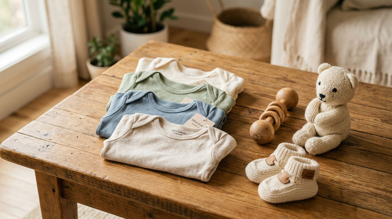 Second-Hand Babyausstattung - gebrauchte Babykleidung, Holzspielzeug und Babyschuhe auf Holztisch