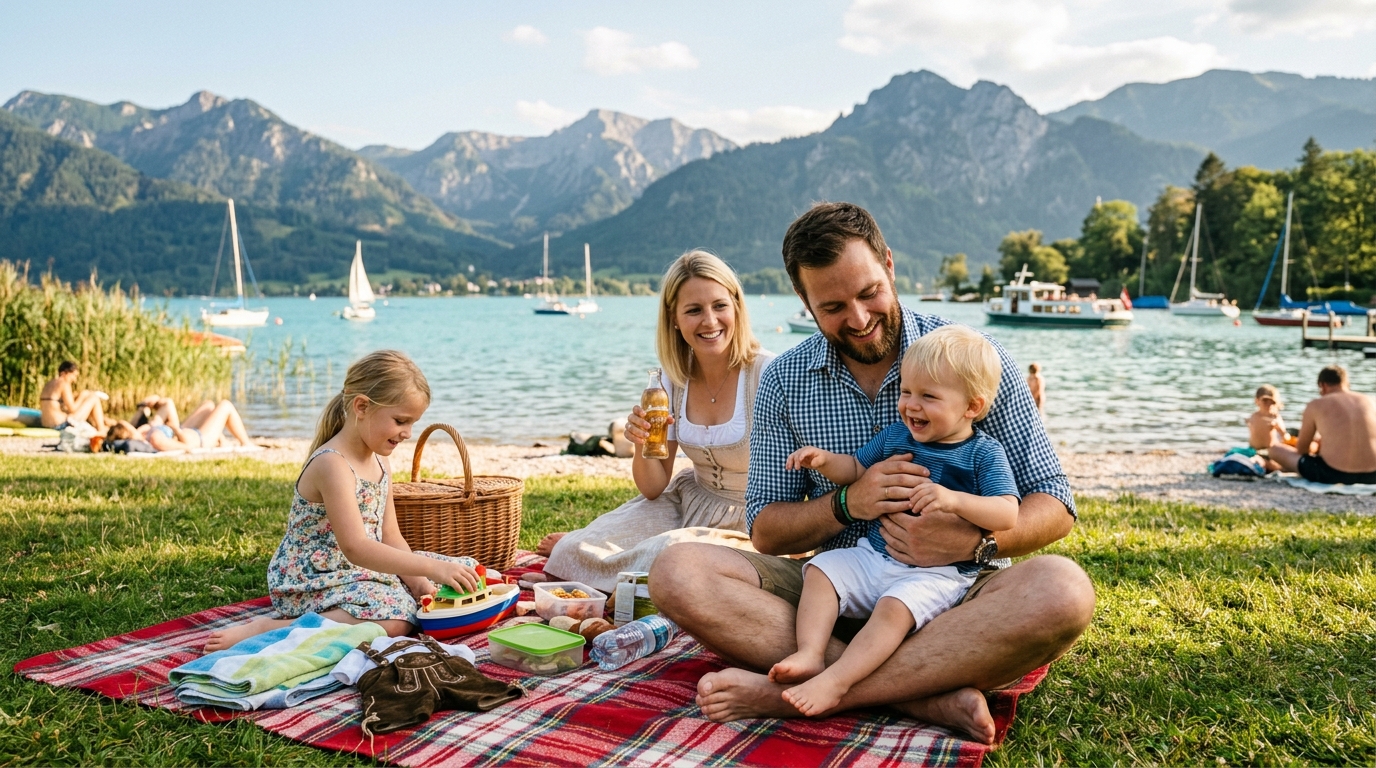 Familie am Seeufer in Österreich Sommerurlaub