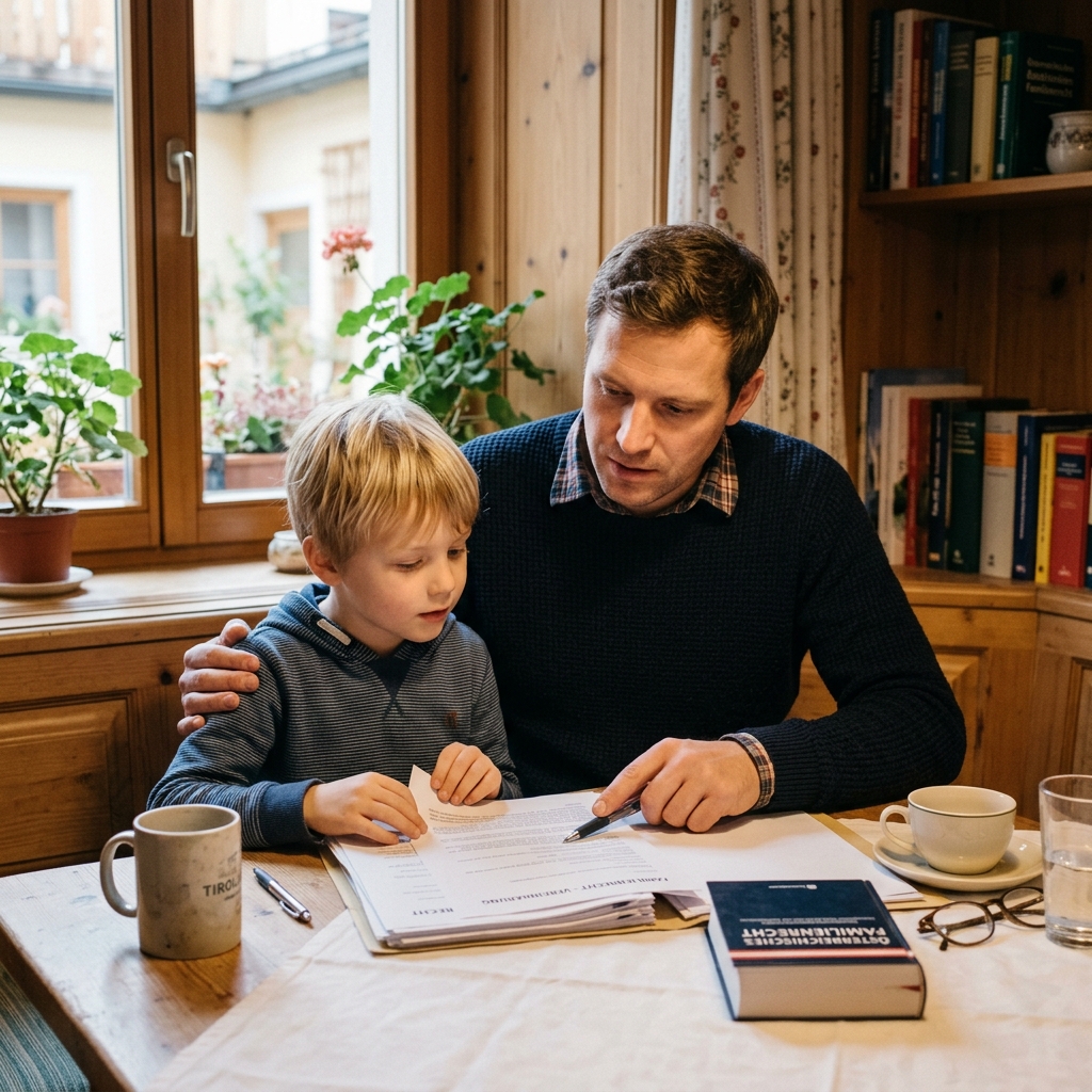 Vater sitzt mit Sohn am Küchentisch und blättert durch Unterlagen zum Sorgerecht - Familienrecht in Österreich