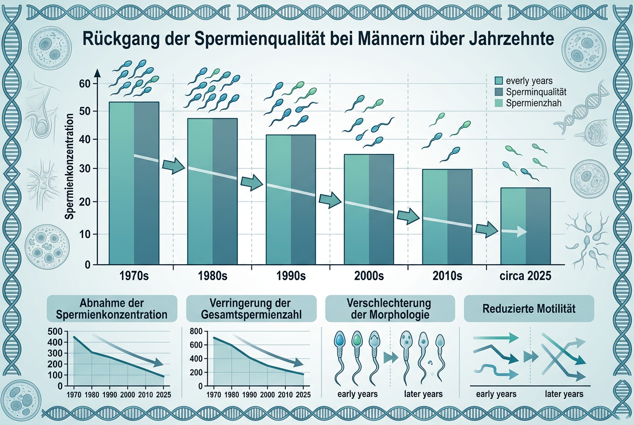 Die Spermienkonzentration bei Männern ist seit 1973 weltweit um über 50 % gesunken. Quelle: Levine et al., Human Reproduction Update, 2022