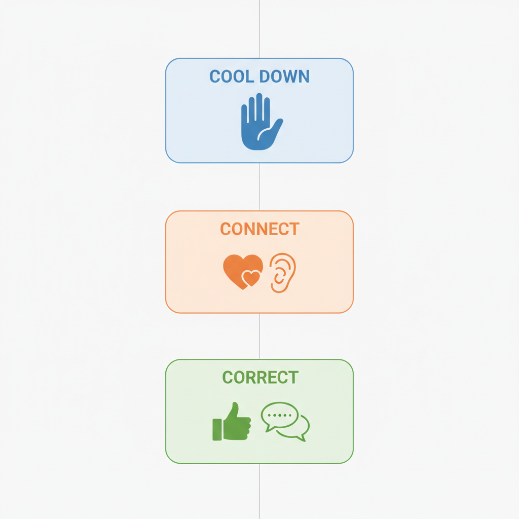 Infografik der 3-Phasen-Konfliktlösung für Väter und Teenager: Cool Down – Connect – Correct