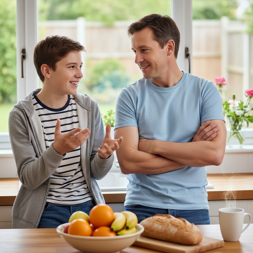 Vater und Teenager-Sohn in ehrlichem Gespräch in der Küche