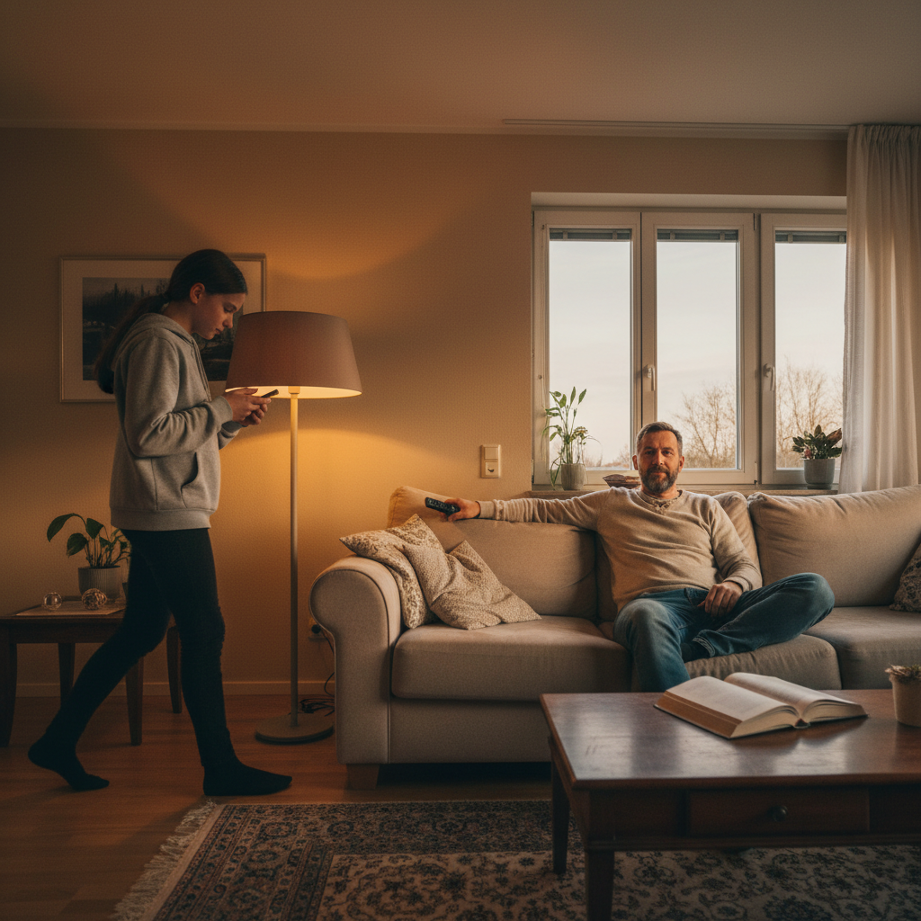 Vater und Teenager-Tochter im Wohnzimmer – die stille Distanz der Pubertät