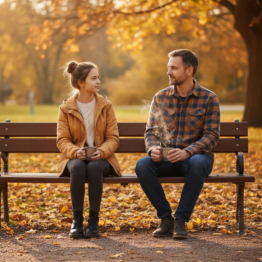 Vater und Teenager-Tochter bei einem entspannten Gespräch auf einer Parkbank