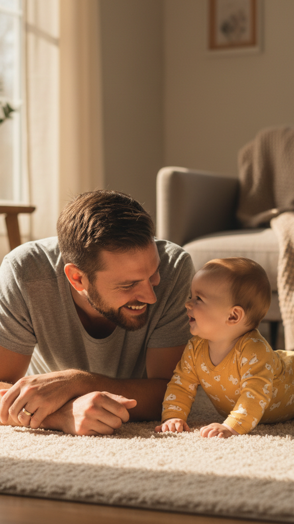 Vater spielt mit Baby in der Bauchlage