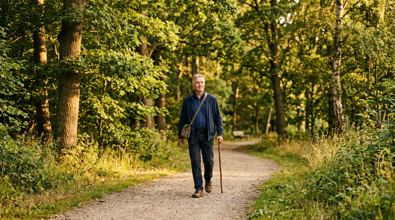 Vater macht einen Spaziergang im Park zur Entspannung und Burnout-Prävention