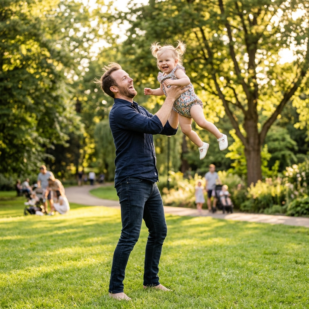 Vater spielt mit Kind im Park - aktive Vaterschaft