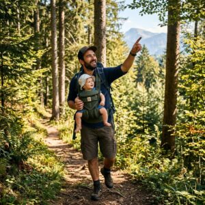 Vater mit Baby in Wander-Trage im österreichischen Wald