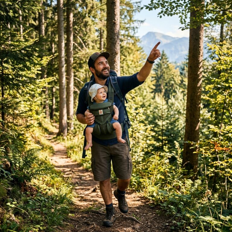 Vater mit Baby in Wander-Trage im österreichischen Wald