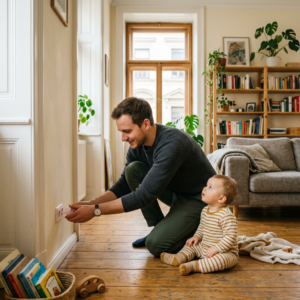 Vater bringt Steckdosensicherung an während Baby zusieht - Wohnung kindersicher machen Guide
