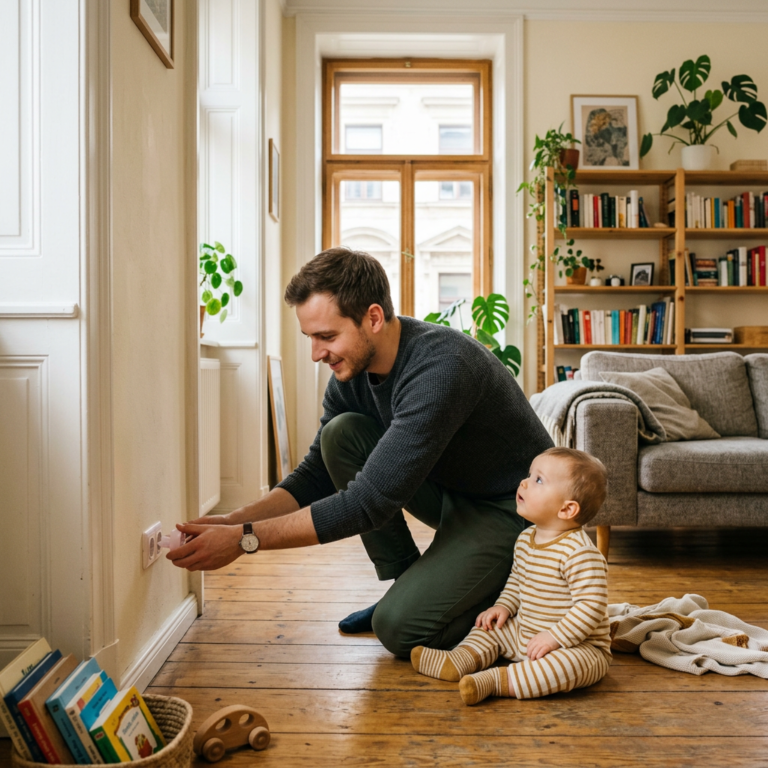 Vater bringt Steckdosensicherung an während Baby zusieht - Wohnung kindersicher machen Guide
