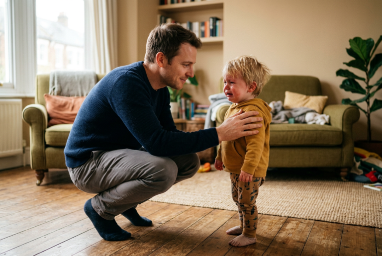 Vater kniet vor weinendem Kleinkind und tröstet es - emotionale Eltern-Kind-Bindung in der Trotzphase