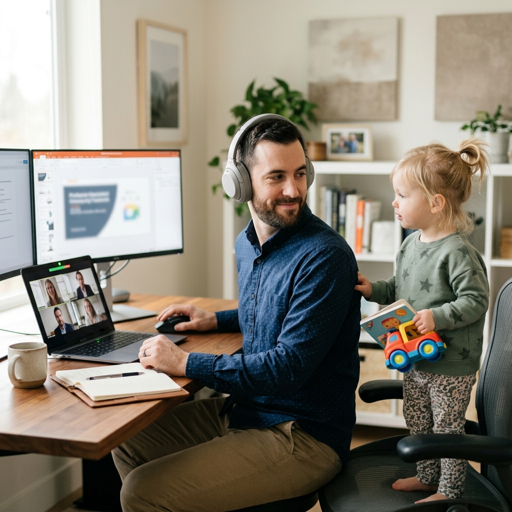Vater im Zoom-Meeting mit Kind - Homeoffice Papa Alltag