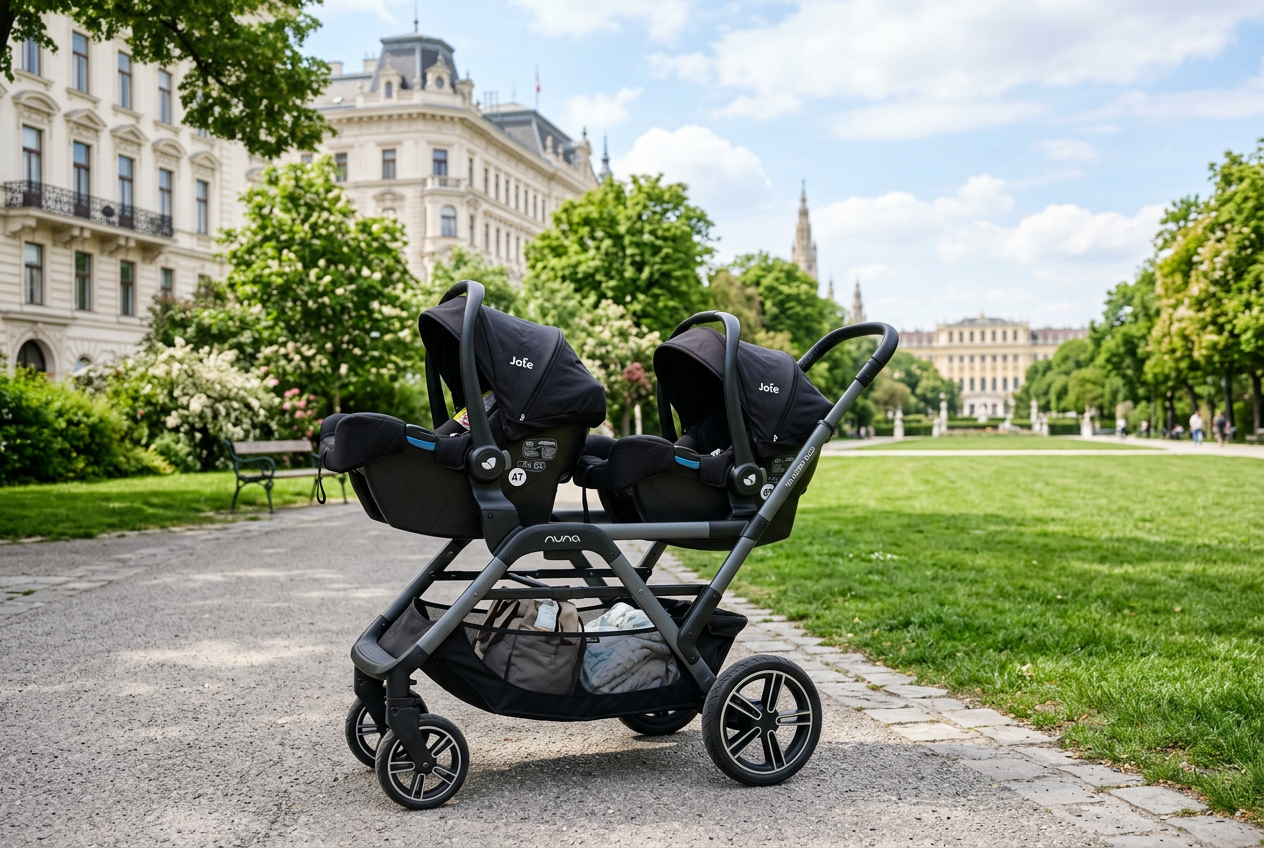 Zwillings-Kinderwagen in der Stadt