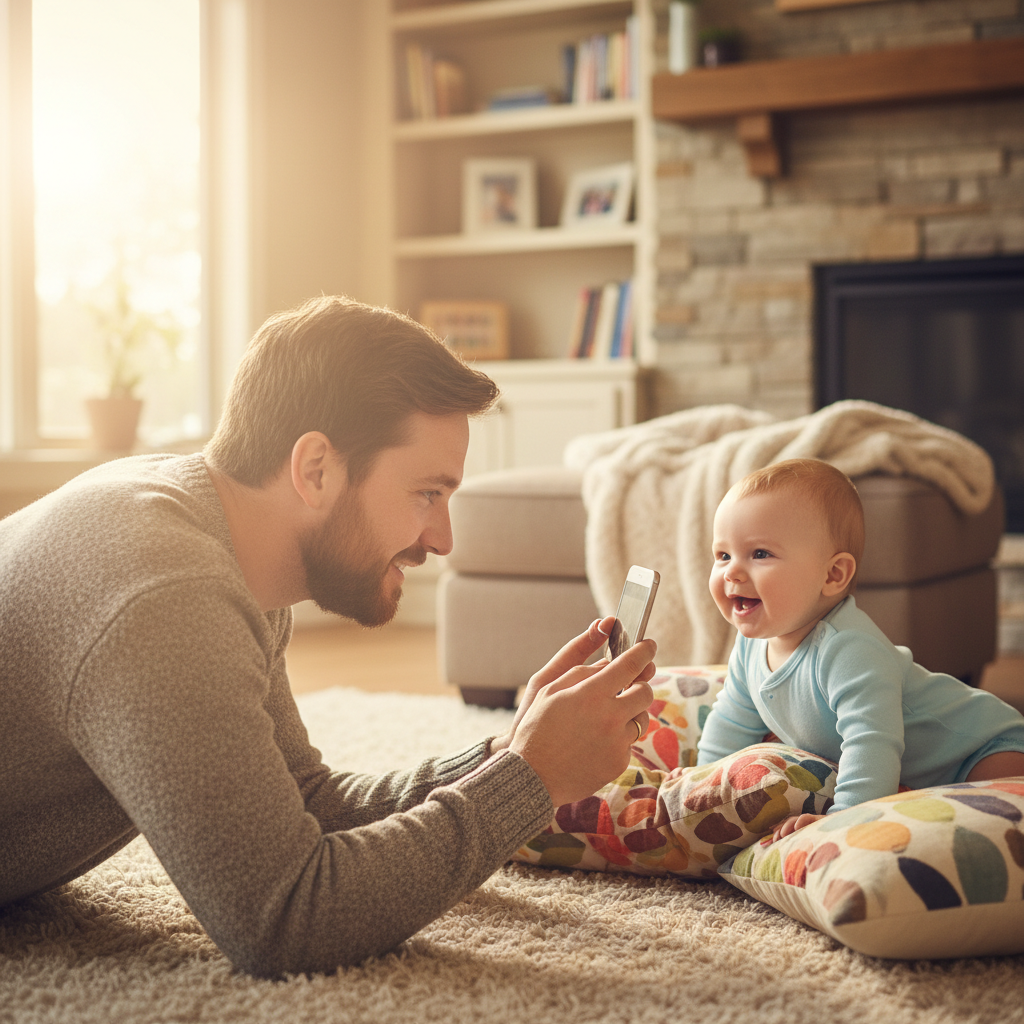 Papa fotografiert sein Baby auf Augenhöhe mit dem Smartphone am Fenster