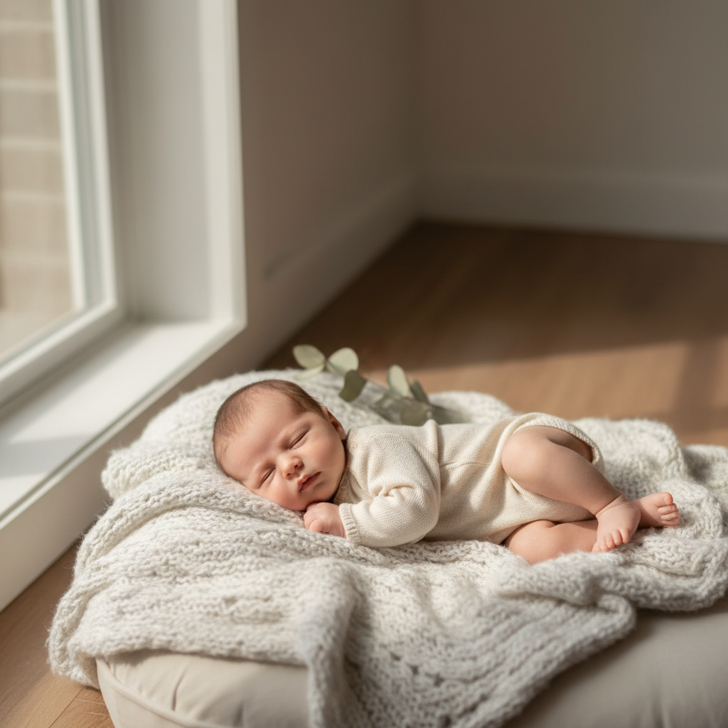 Baby liegt auf heller Decke mit natürlichem Fensterlicht für schöne Babyfotos