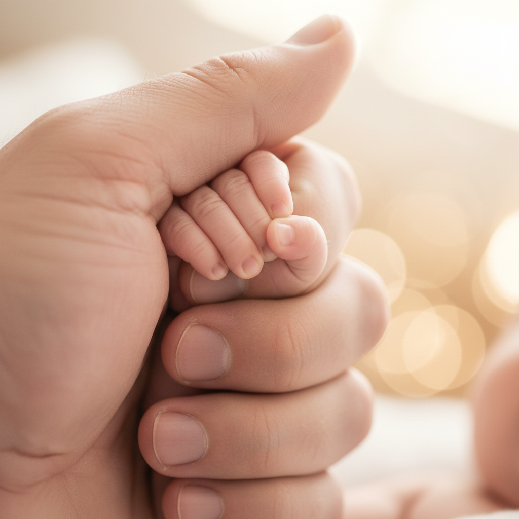 Detailaufnahme Babyhand in Papa-Hand als emotionale Erinnerung