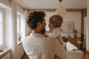 Vater trägt sein Baby in einer Babytrage – Tragen als Papa im Alltag