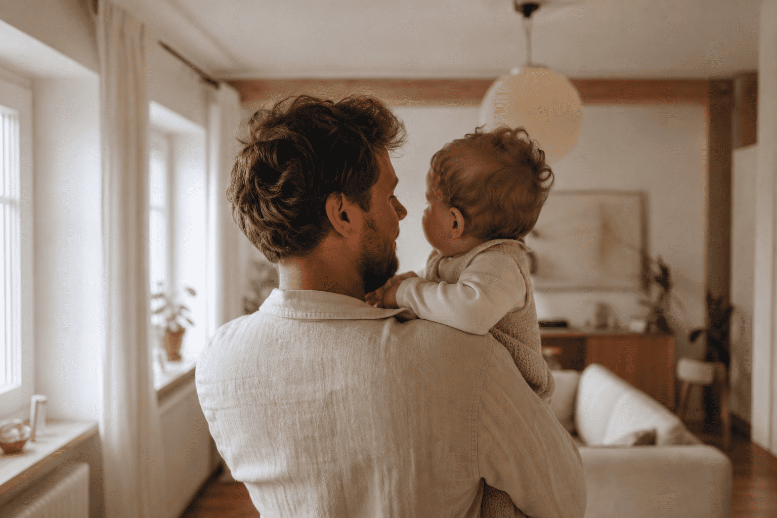 Vater mit Babytrage im Alltag