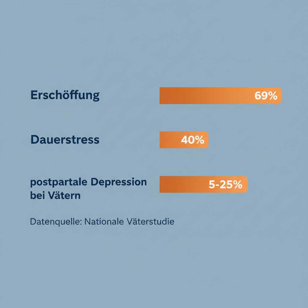 Diagramm zur psychischen Belastung von Eltern: 69% erschöpft, 40% unter Dauerstress, 5 bis 25 Prozent der Väter mit postpartaler Depression
