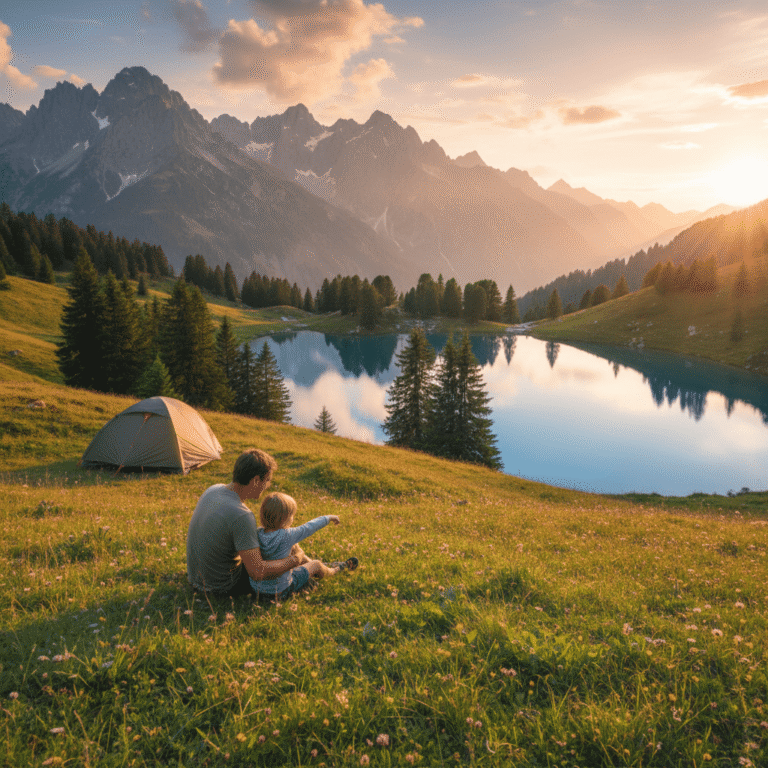Vater und Kind am Campingplatz mit Blick auf einen österreichischen Bergsee bei Sonnenuntergang