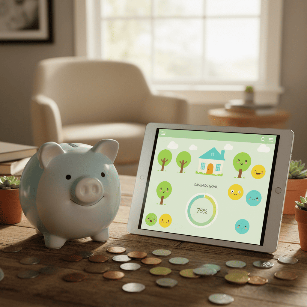 Sparschwein und Tablet mit Finanz-App für Kinder — spielerisch Geld lernen