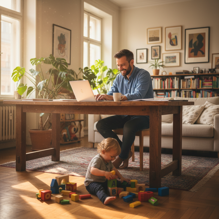Vater mit Kleinkind am Wohnzimmertisch beim Homeoffice in Österreich