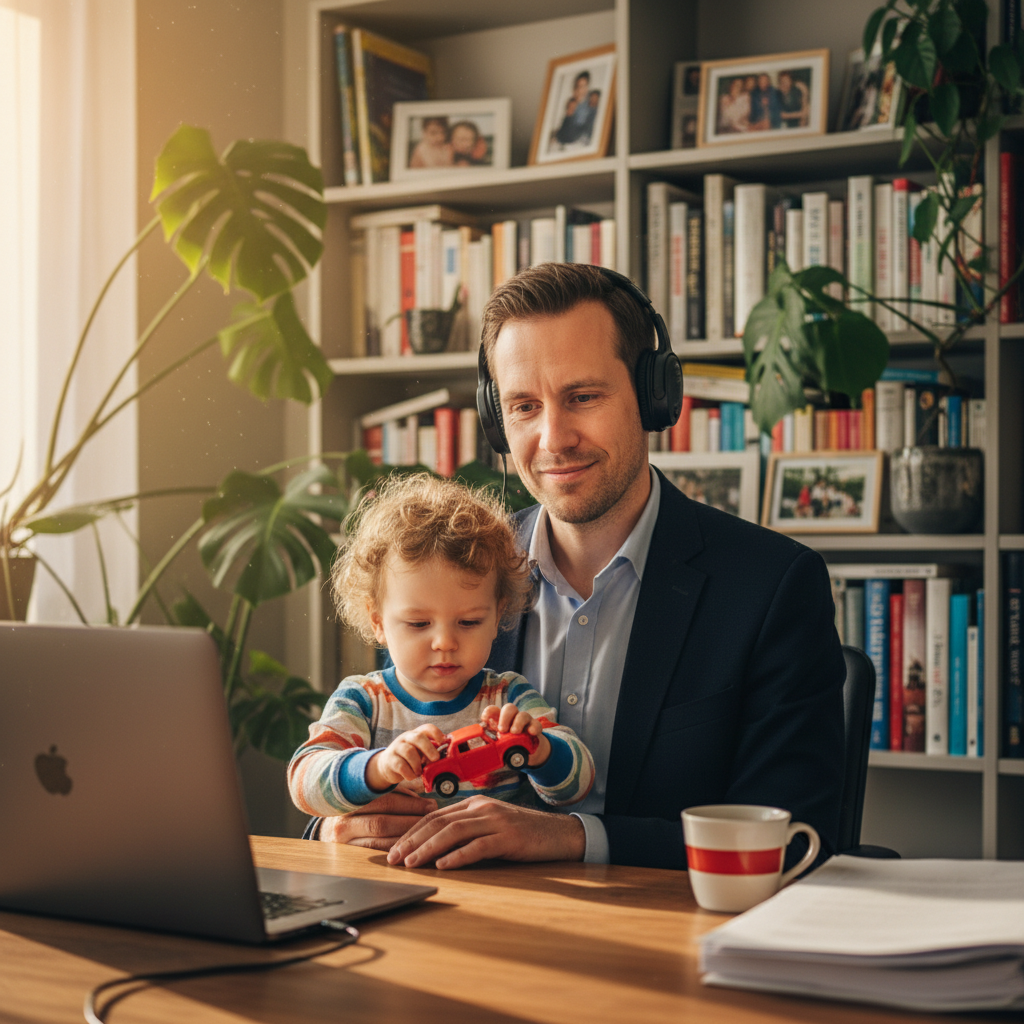 Vater im Zoom-Meeting mit Kleinkind auf dem Schoss - Homeoffice Ueberlebensstrategie fuer Vaeter