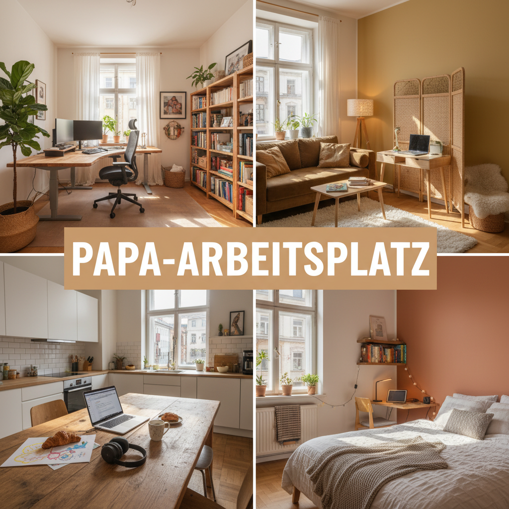 Vier Homeoffice-Arbeitsplatz-Optionen fuer Vaeter mit Kind: Arbeitszimmer, Wohnzimmer-Ecke, Kuechentisch, Schlafzimmer-Ecke