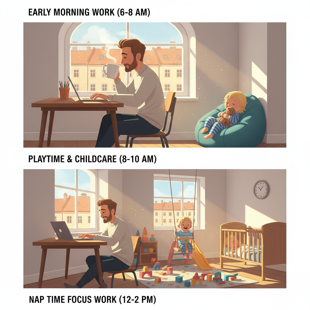 Visualisierter Tagesrhythmus fuer Homeoffice-Vaeter von 6 Uhr Frueh bis 16 Uhr mit Fokus-Bloecken und Familienzeit