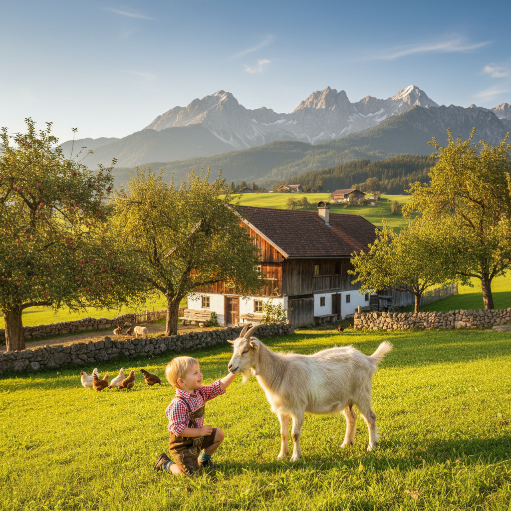 Kleinkind auf Bauernhof in Österreich streichelt Ziege
